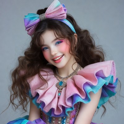 Girl in colorful ruffled dress with big bow