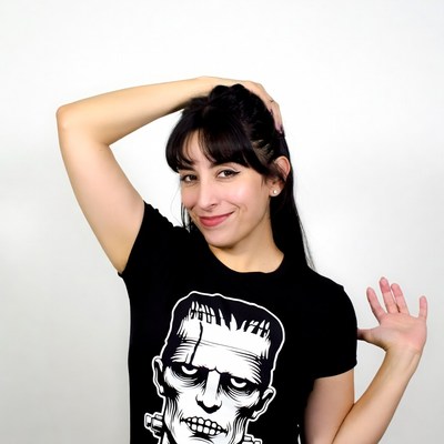 Woman posing in Frankenstein t-shirt
