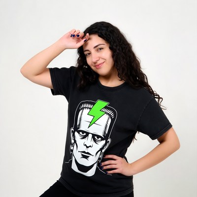 Woman wearing Frankenstein t-shirt
