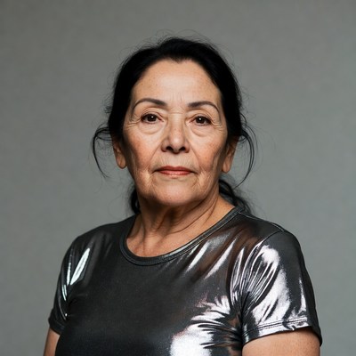 Elderly Latina woman in silver shirt