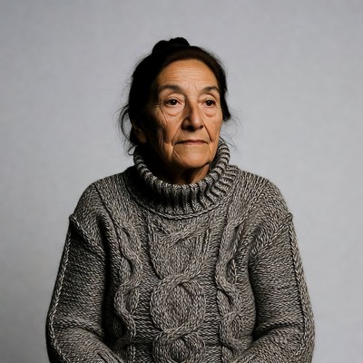 Elderly woman in gray turtleneck sweater