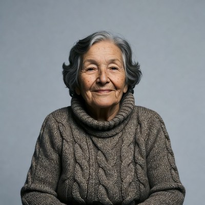 Elderly woman smiling in turtleneck sweater