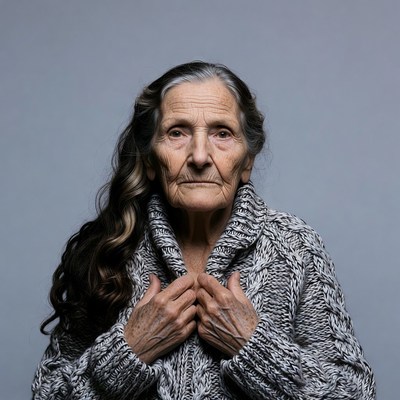 Elderly woman in gray sweater