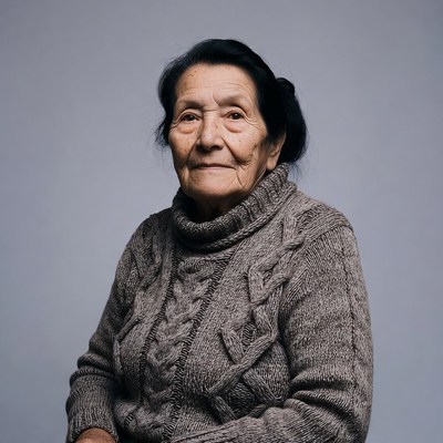 Elderly Asian woman in cable knit sweater