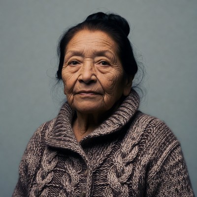 Elderly Asian woman in cable knit sweater
