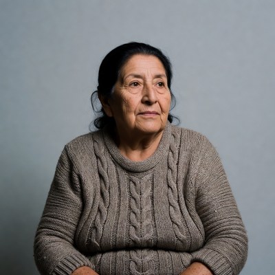 Latino woman in cable knit sweater