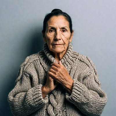 Elderly woman in gray cable-knit sweater