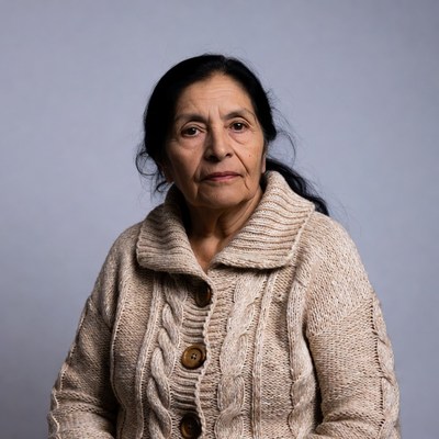 Latino woman in beige knit sweater