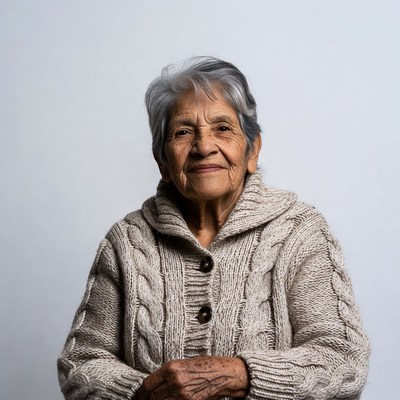 Elderly woman smiling in white sweater