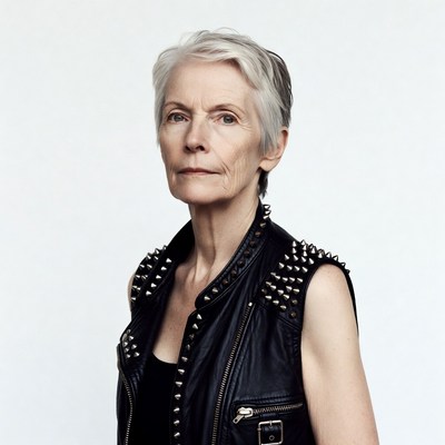 Elderly woman in spiked leather vest