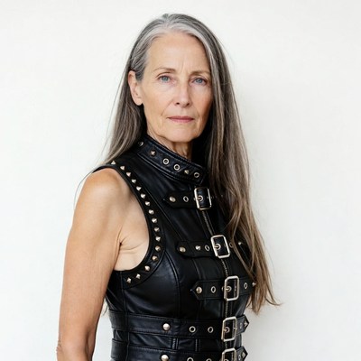 Woman in studded leather vest