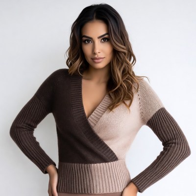 Woman in brown and beige knit sweater