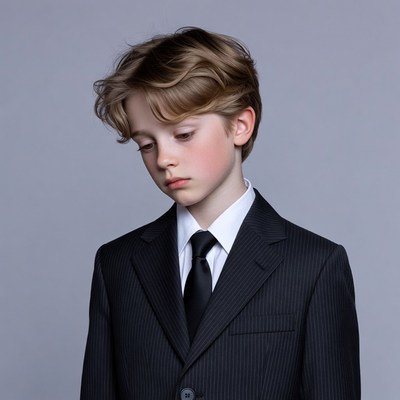 Young boy in suit looking down