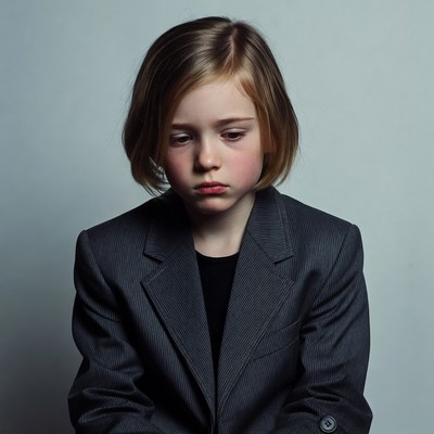 Girl in gray suit looking sad