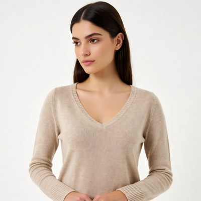 Woman in beige V-neck sweater