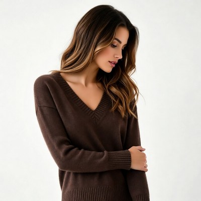 Woman in brown V-neck sweater