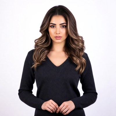 Beautiful woman in black V-neck sweater