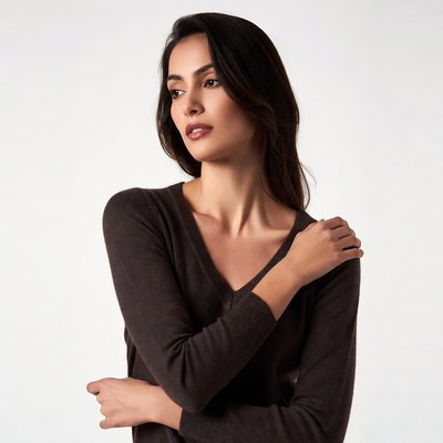 Beautiful woman in brown v-neck sweater
