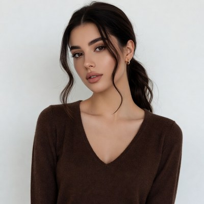 Woman in brown V-neck sweater