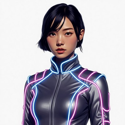 Asian woman in neon cyberpunk jacket