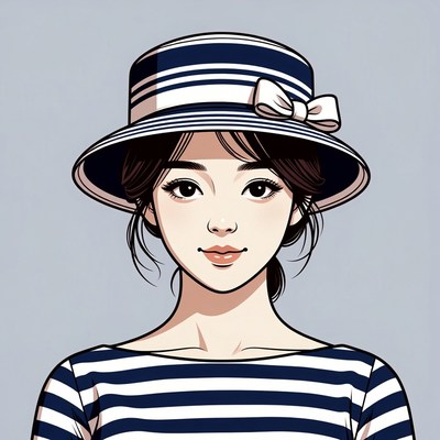 Asian woman in striped hat and shirt