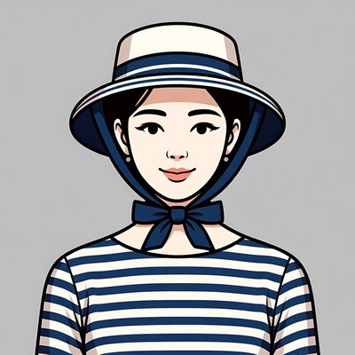 Asian woman in striped shirt and sailor hat