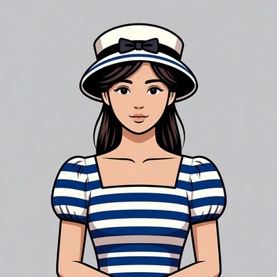 Asian woman in striped dress and hat