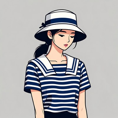 Asian woman in sailor shirt and hat
