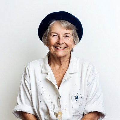 Elderly woman wearing beret and paint-splattered shirt