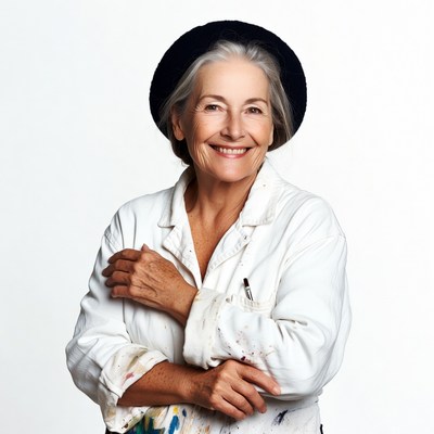 Elderly woman in paint-splattered smock