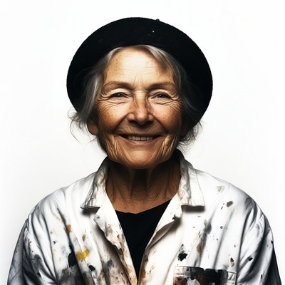 Elderly woman in paint-splattered shirt