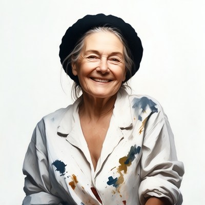 Elderly woman in paint-splattered shirt and beret