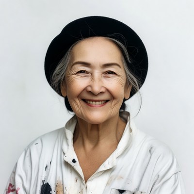 Elderly Asian woman in black beret