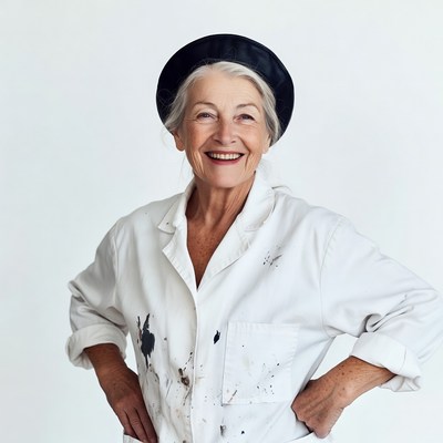 Elderly woman in paint-splattered smock
