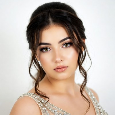 Woman with updo hairstyle and beaded dress