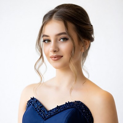 Young woman in navy strapless gown