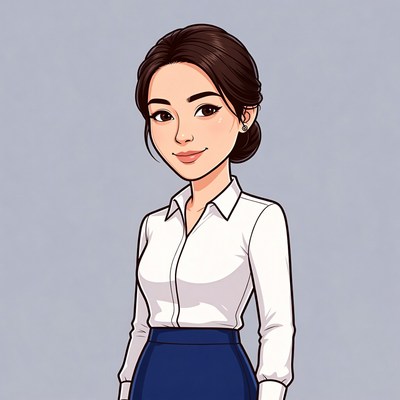 Asian woman in white blouse blue skirt