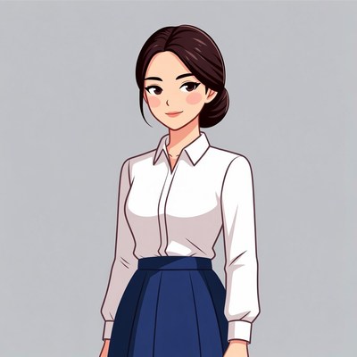 Asian woman in white blouse blue skirt