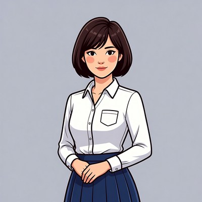 Asian woman in white blouse navy skirt