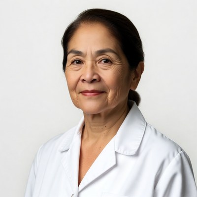 Asian woman in white lab coat