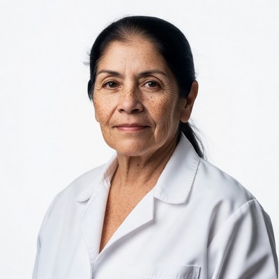 Older Latina woman in white lab coat