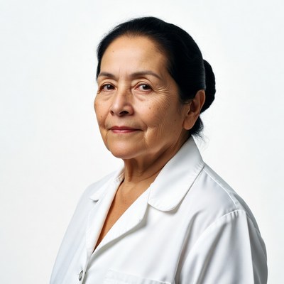 Elderly Latina woman in white lab coat