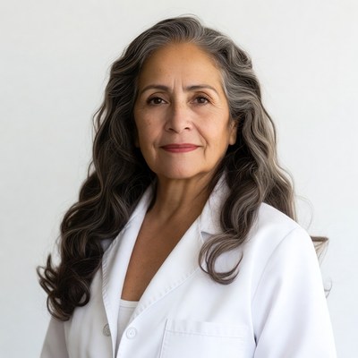 Mature woman in white lab coat