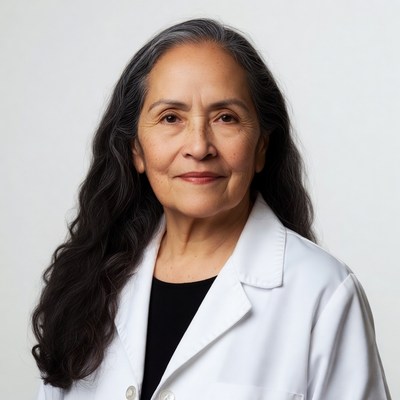 Older Latina woman in white lab coat