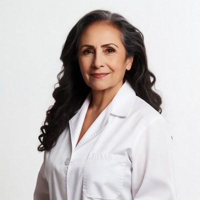 Mature Latina woman in white lab coat