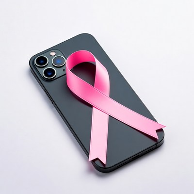 Black iPhone with pink ribbon