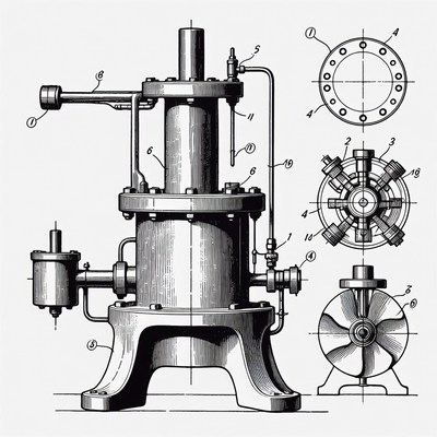 Vintage Steam Engine Technical Drawing
