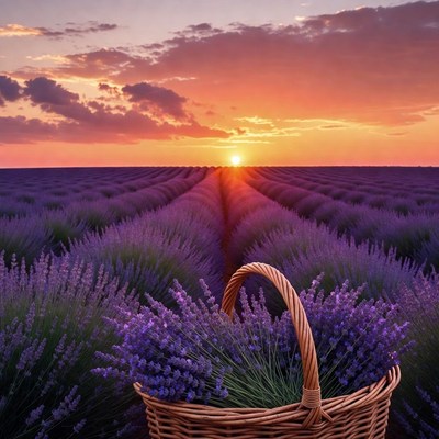 Lavender Field Sunset with Wicker Basket