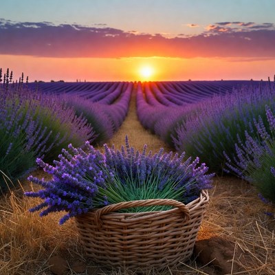Lavender Field Basket at Sunset