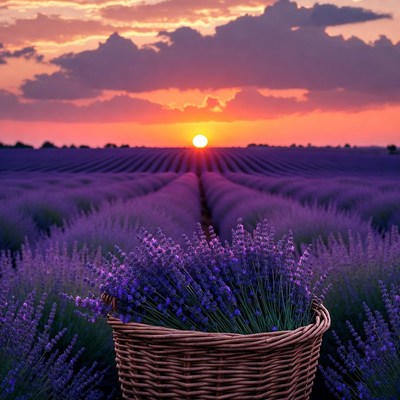 Lavender Field Sunset with Wicker Basket